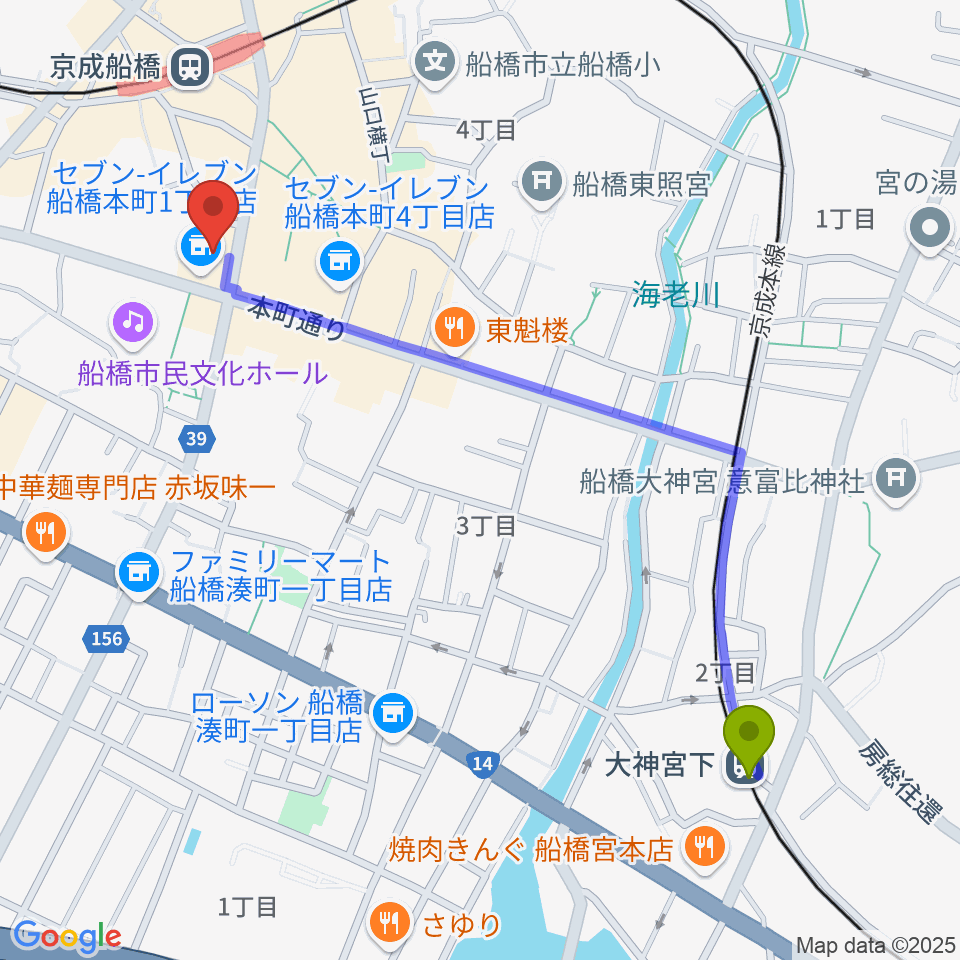 大神宮下駅から伊藤楽器 マイスター船橋へのルートマップ地図