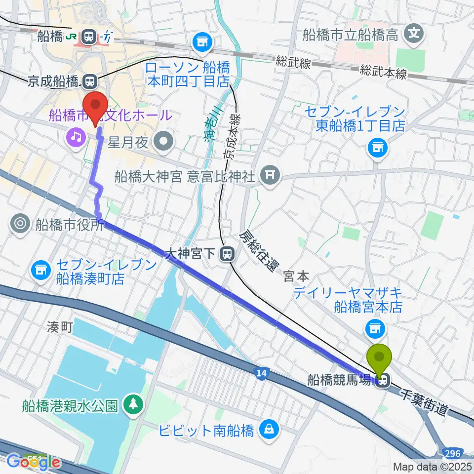 船橋競馬場駅から伊藤楽器 マイスター船橋へのルートマップ地図