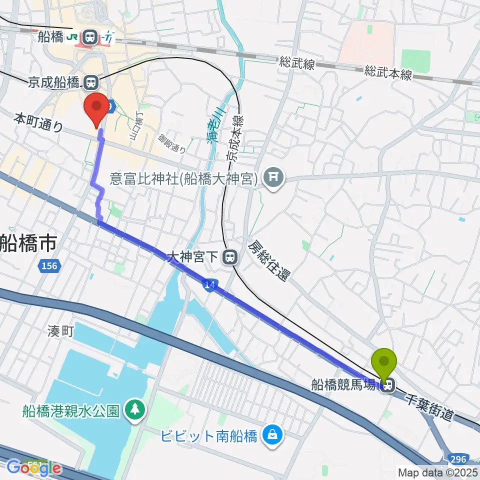 船橋競馬場駅から伊藤楽器 マイスター船橋へのルートマップ地図