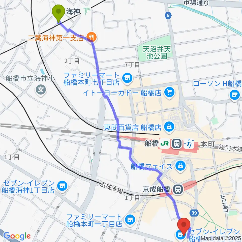 東海神駅から伊藤楽器 マイスター船橋へのルートマップ地図