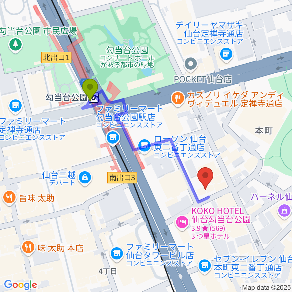 iアート くどう音楽教室の最寄駅勾当台公園駅からの徒歩ルート（約4分）地図