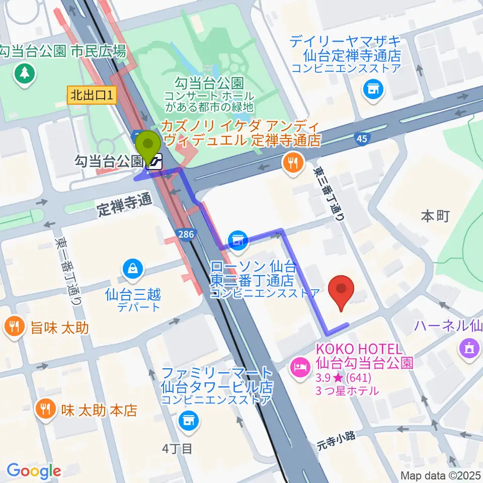 iアート くどう音楽教室の最寄駅勾当台公園駅からの徒歩ルート（約4分）地図