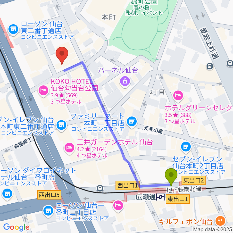 広瀬通駅からiアート くどう音楽教室へのルートマップ地図