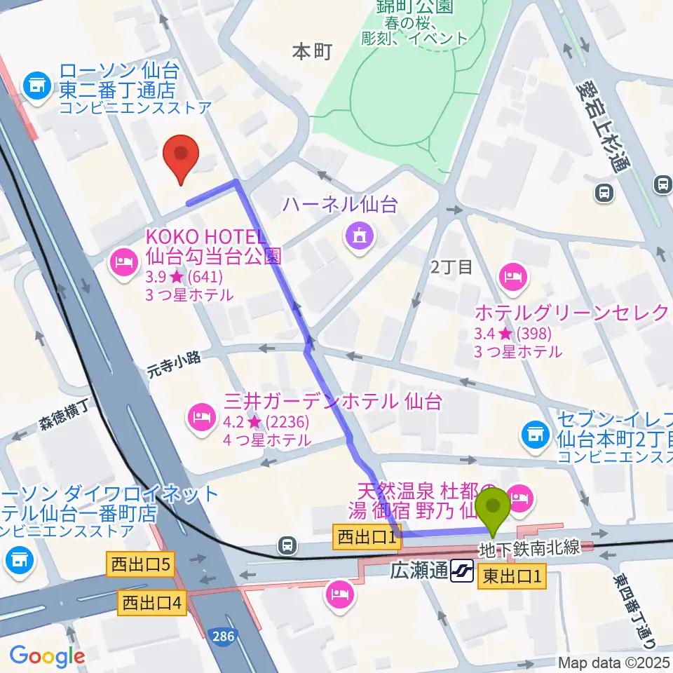 広瀬通駅からiアート くどう音楽教室へのルートマップ地図