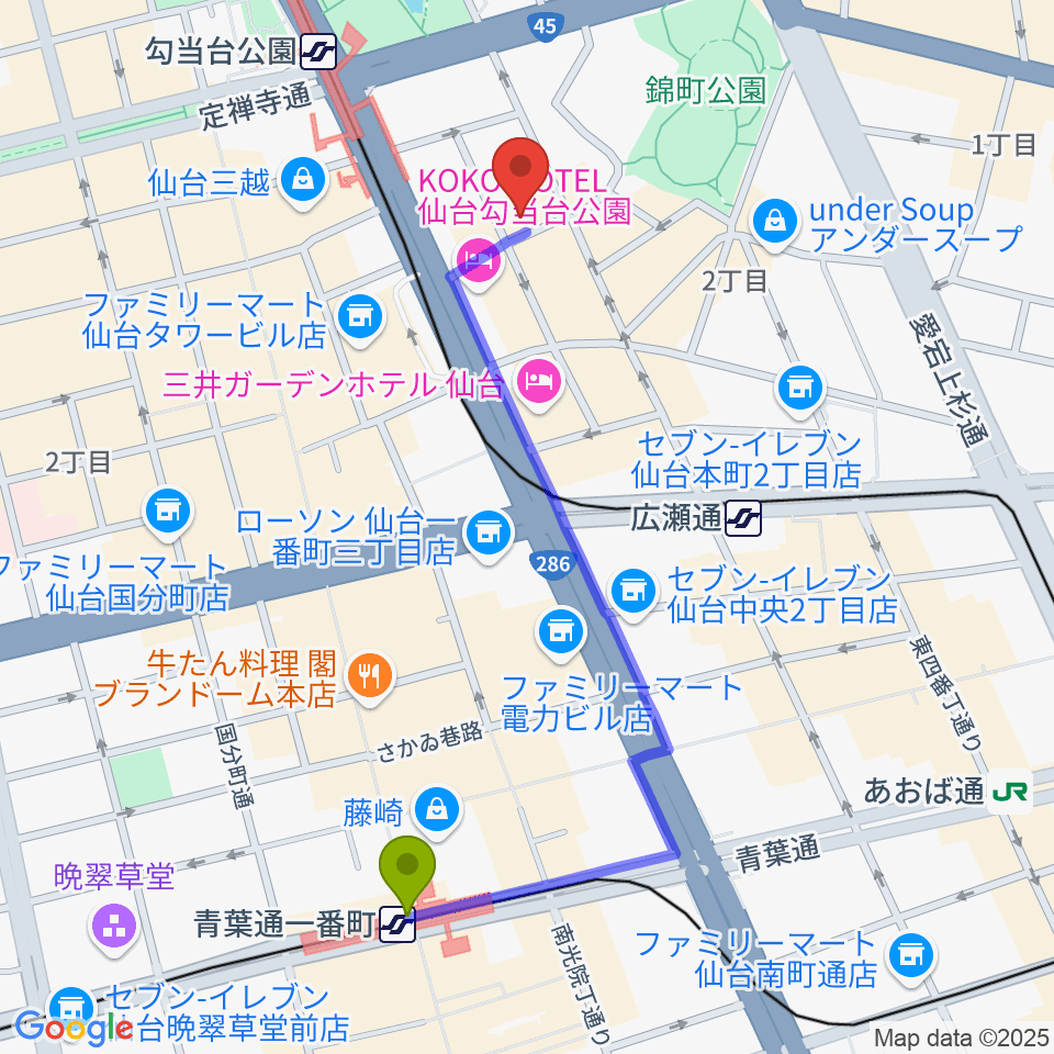 青葉通一番町駅からiアート くどう音楽教室へのルートマップ地図