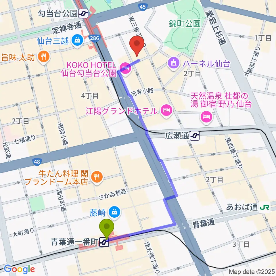 青葉通一番町駅からiアート くどう音楽教室へのルートマップ地図