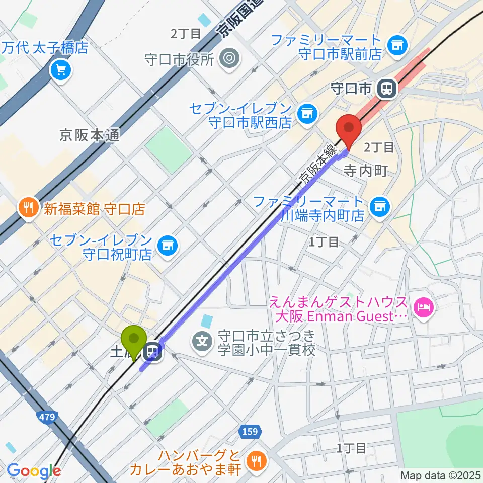 土居駅からstudio HEMPへのルートマップ地図