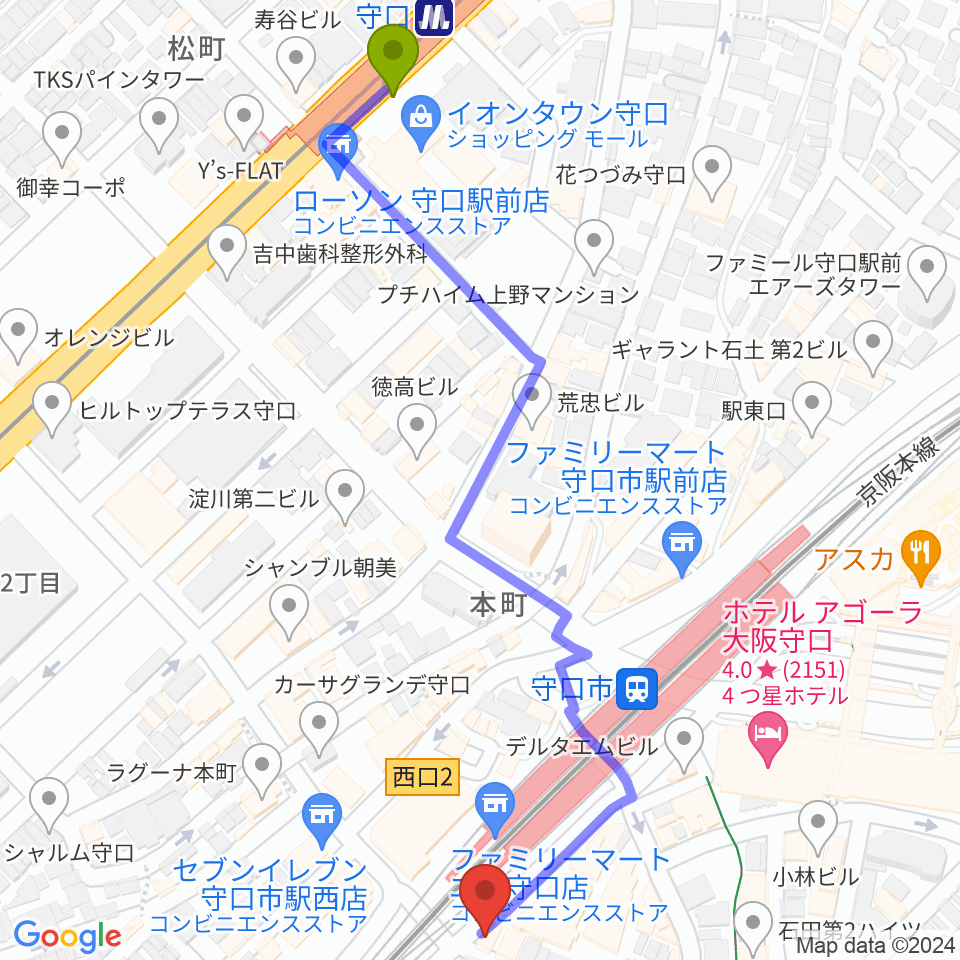 守口駅からstudio HEMPへのルートマップ地図