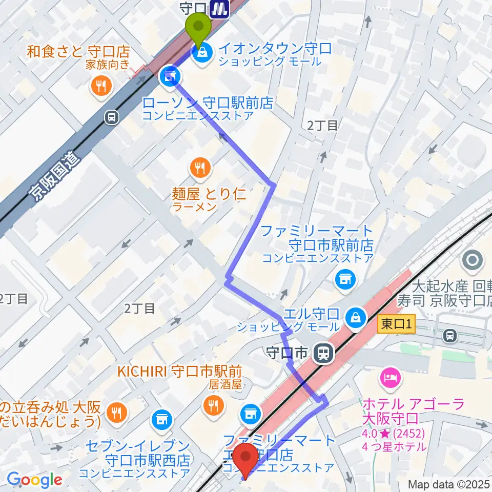 守口駅からstudio HEMPへのルートマップ地図