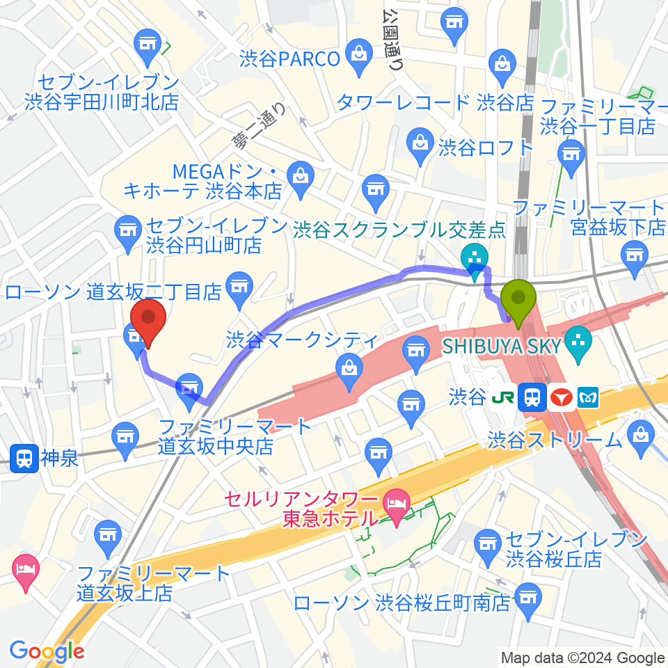 渋谷駅から渋谷duo MUSIC EXCHANGEへのルートマップ地図