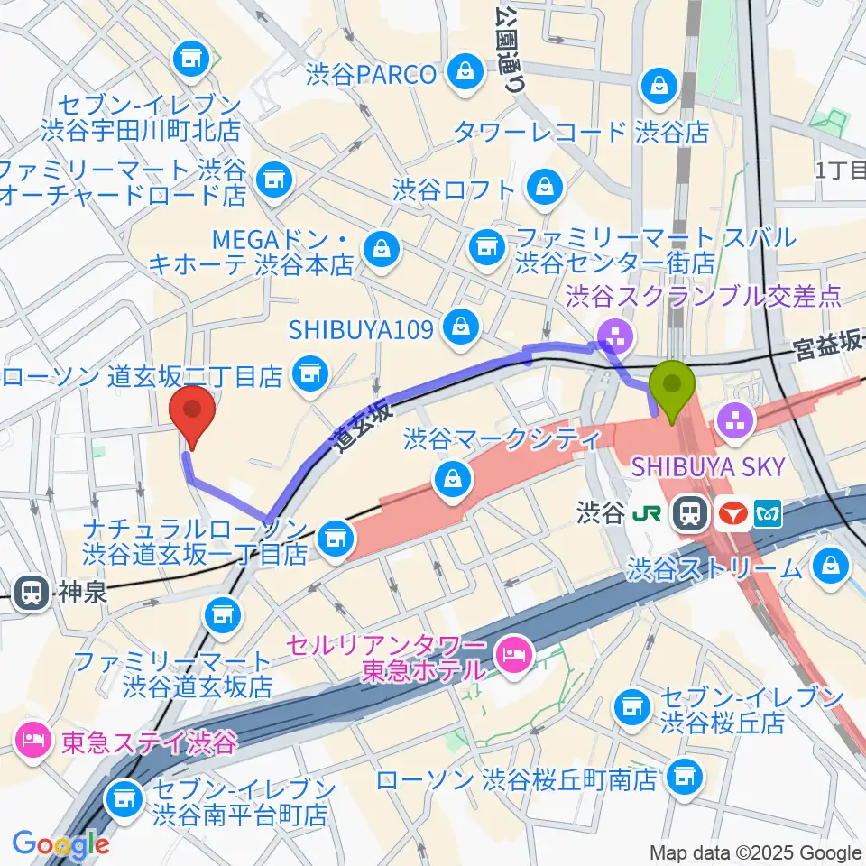 渋谷駅から渋谷duo MUSIC EXCHANGEへのルートマップ地図