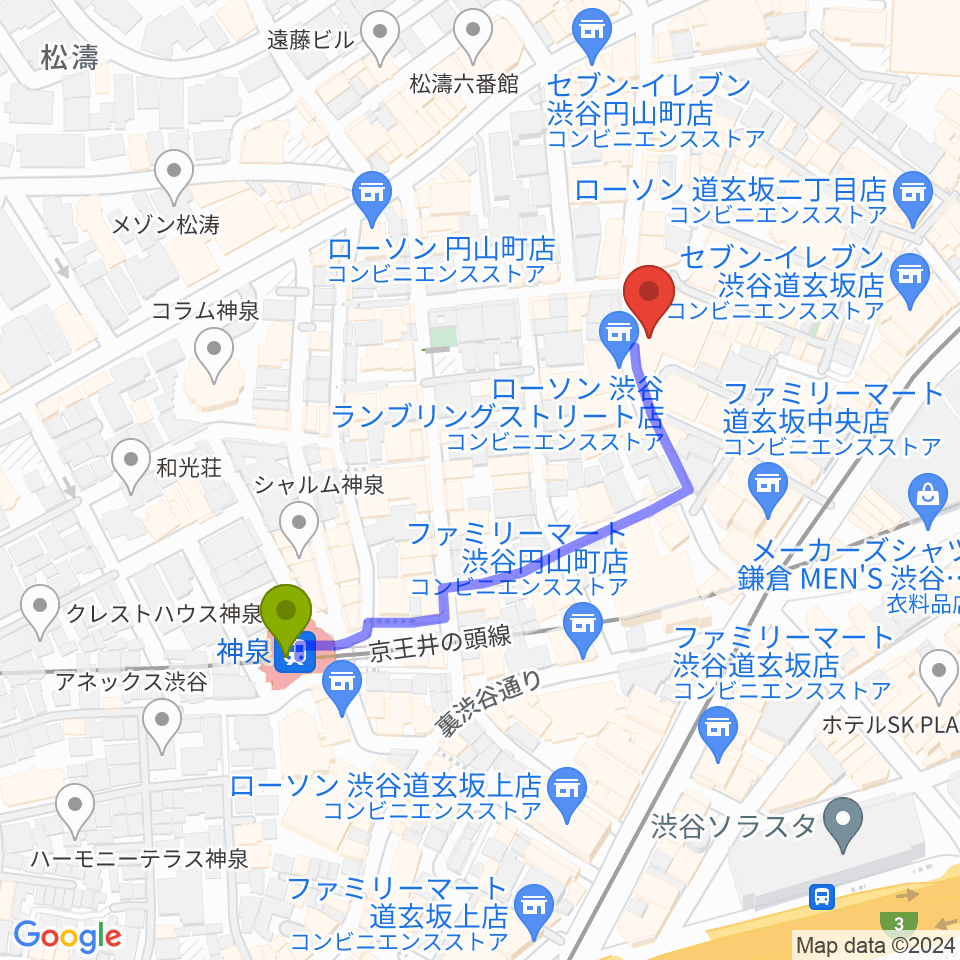 渋谷duo MUSIC EXCHANGEの最寄駅神泉駅からの徒歩ルート（約4分）地図