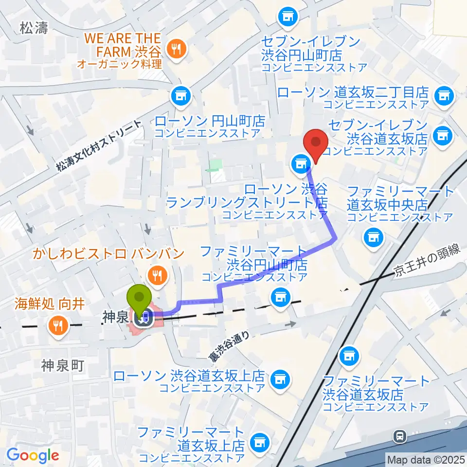 渋谷duo MUSIC EXCHANGEの最寄駅神泉駅からの徒歩ルート（約4分）地図