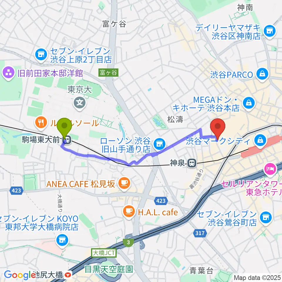 駒場東大前駅から渋谷duo MUSIC EXCHANGEへのルートマップ地図