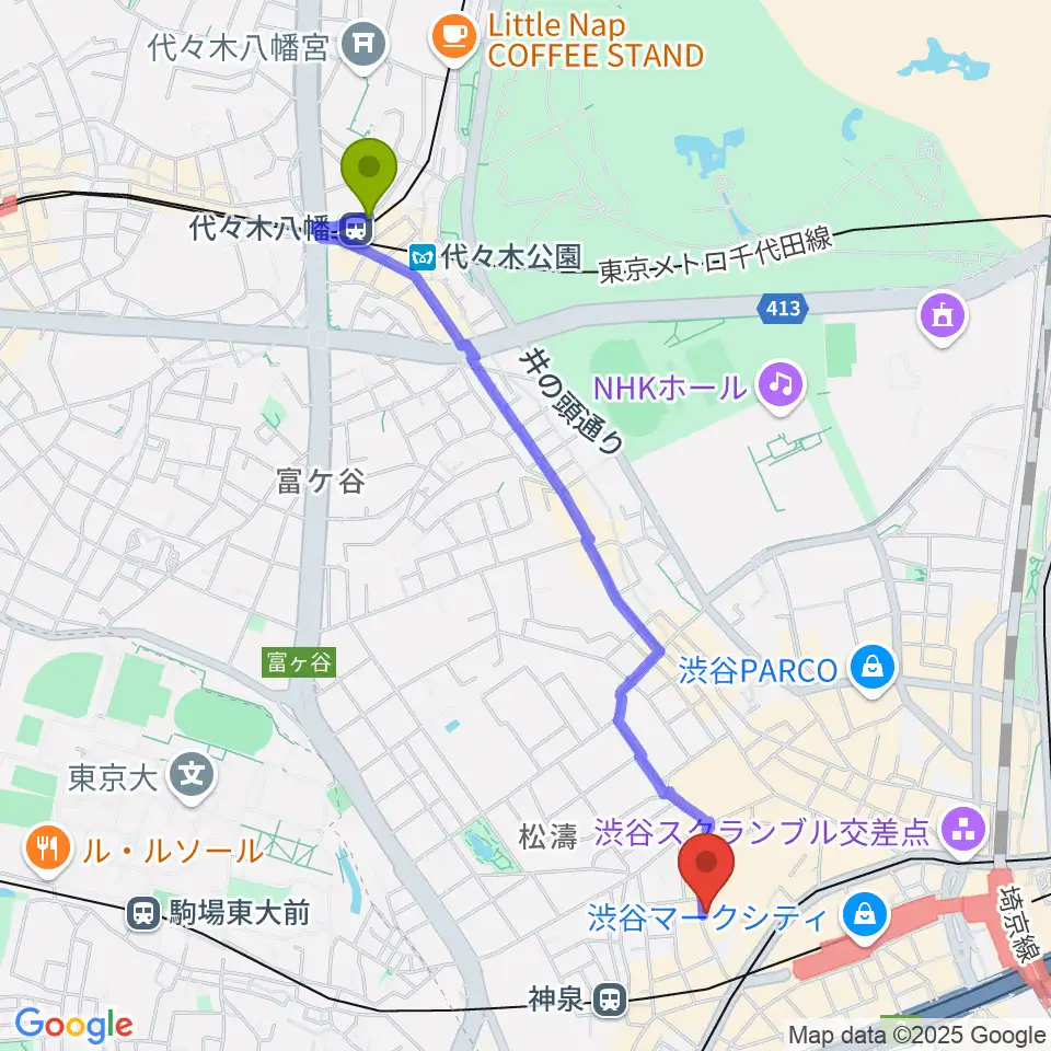 代々木八幡駅から渋谷duo MUSIC EXCHANGEへのルートマップ地図