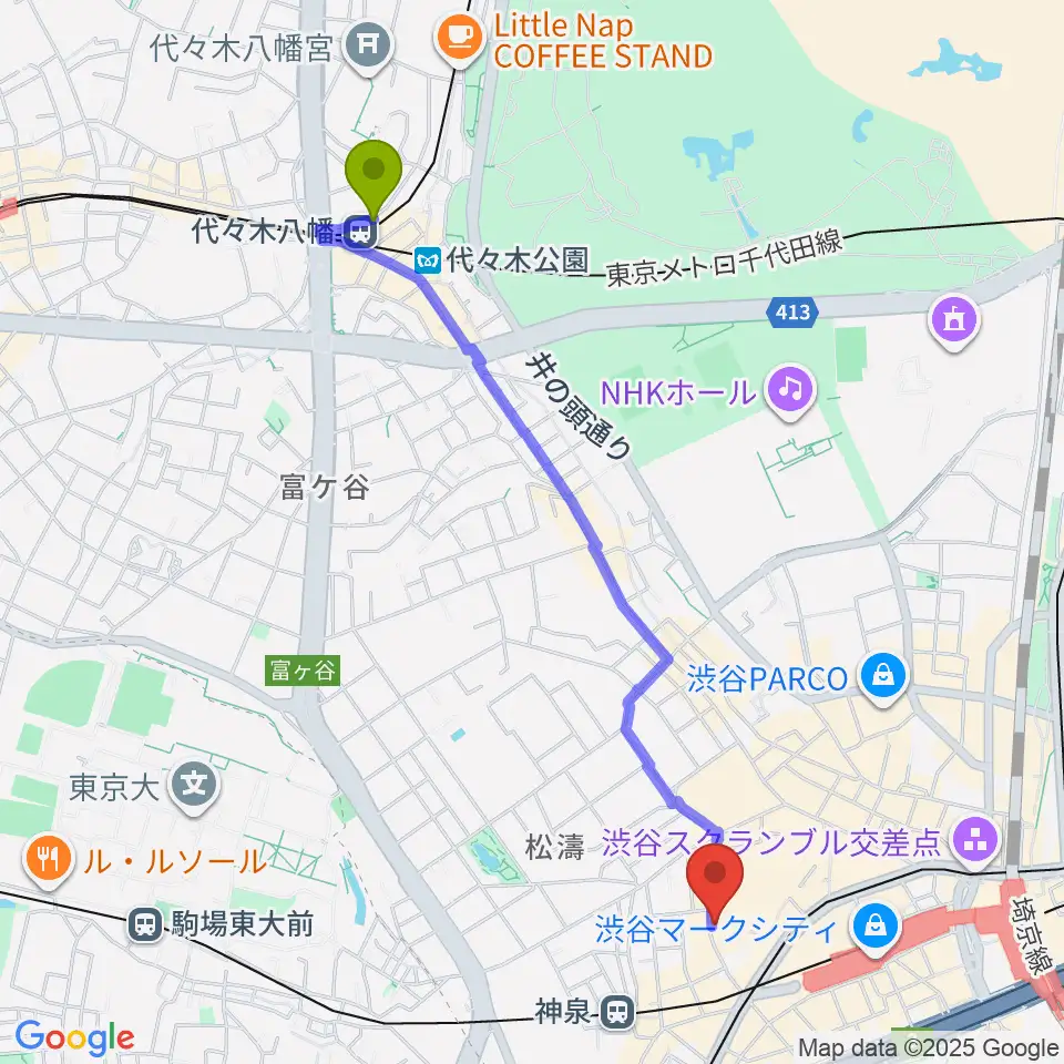 代々木八幡駅から渋谷duo MUSIC EXCHANGEへのルートマップ地図