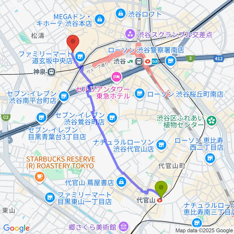代官山駅から渋谷duo MUSIC EXCHANGEへのルートマップ地図