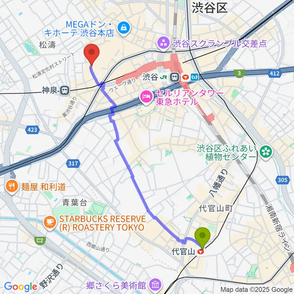 代官山駅から渋谷duo MUSIC EXCHANGEへのルートマップ地図