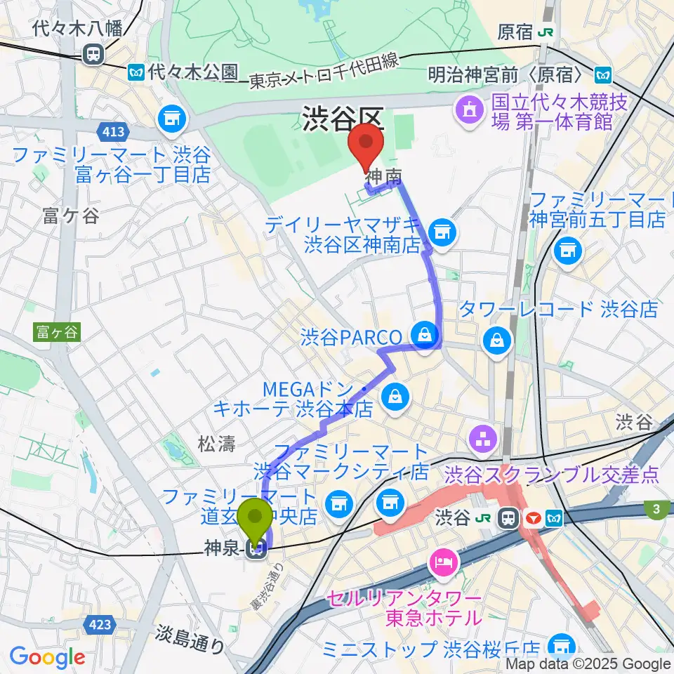 神泉駅からNHKホールへのルートマップ地図