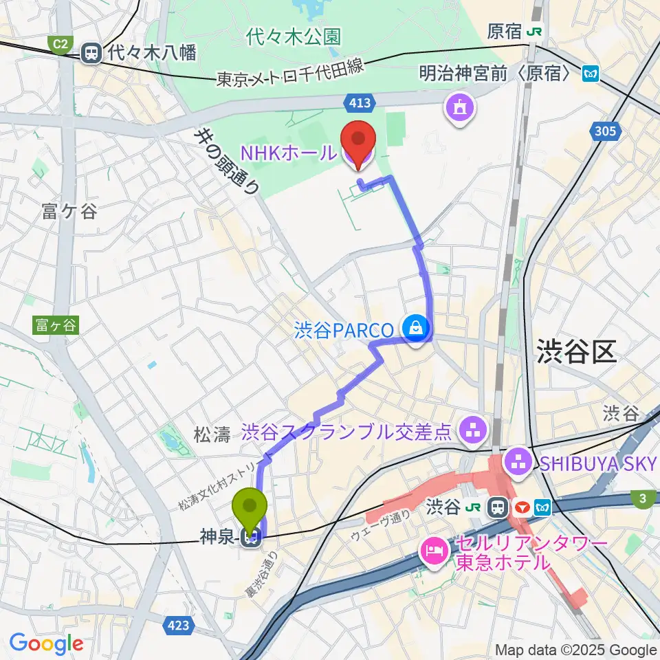 神泉駅からNHKホールへのルートマップ地図