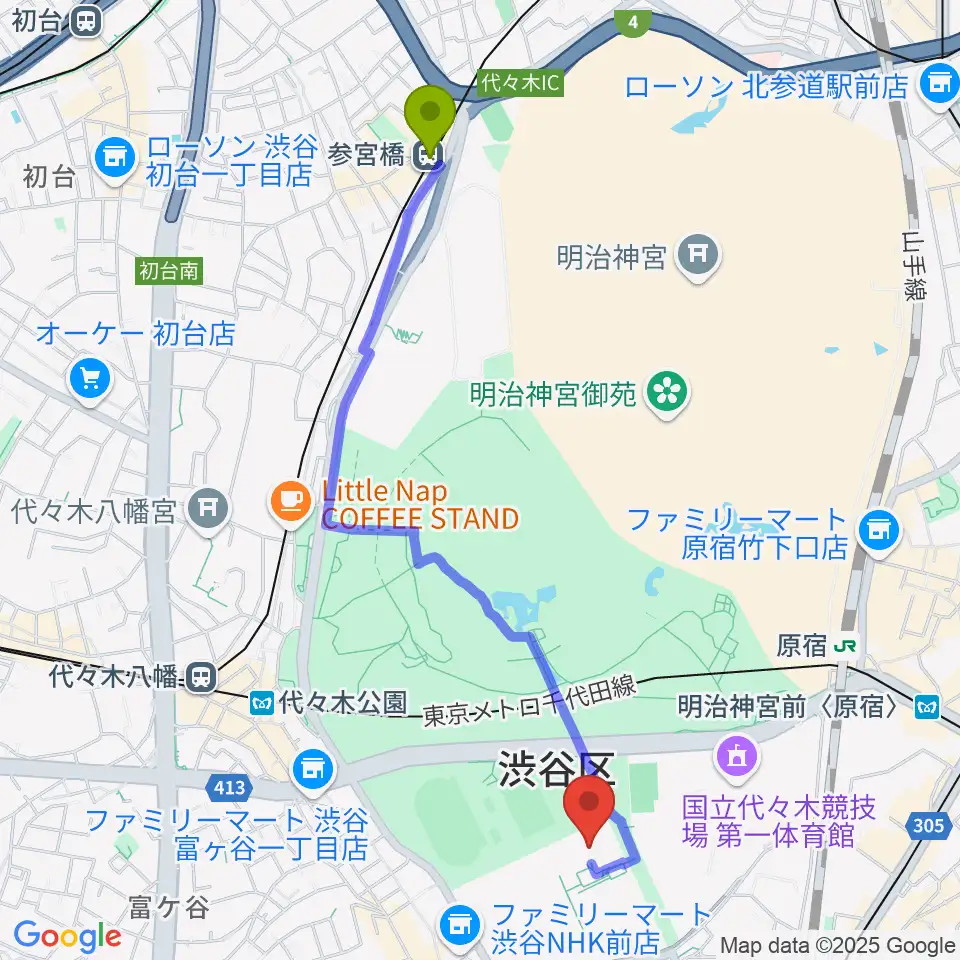 参宮橋駅からNHKホールへのルートマップ地図