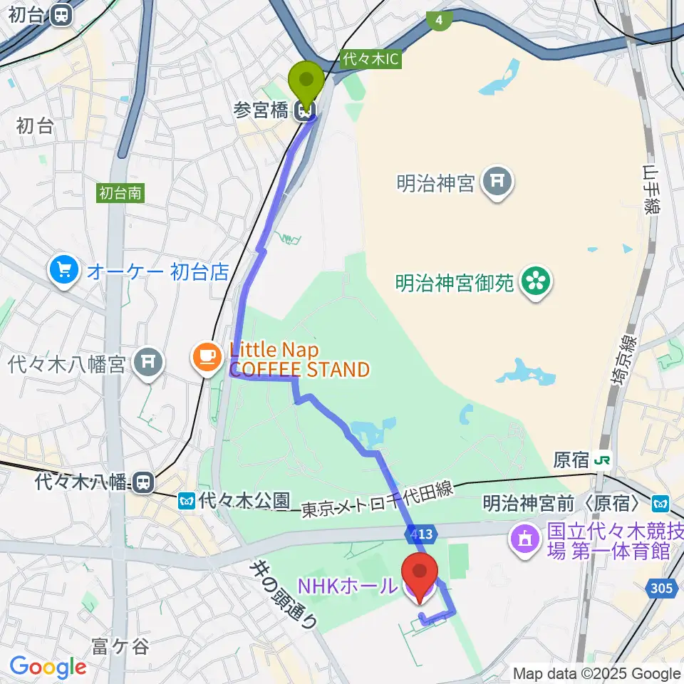 参宮橋駅からNHKホールへのルートマップ地図