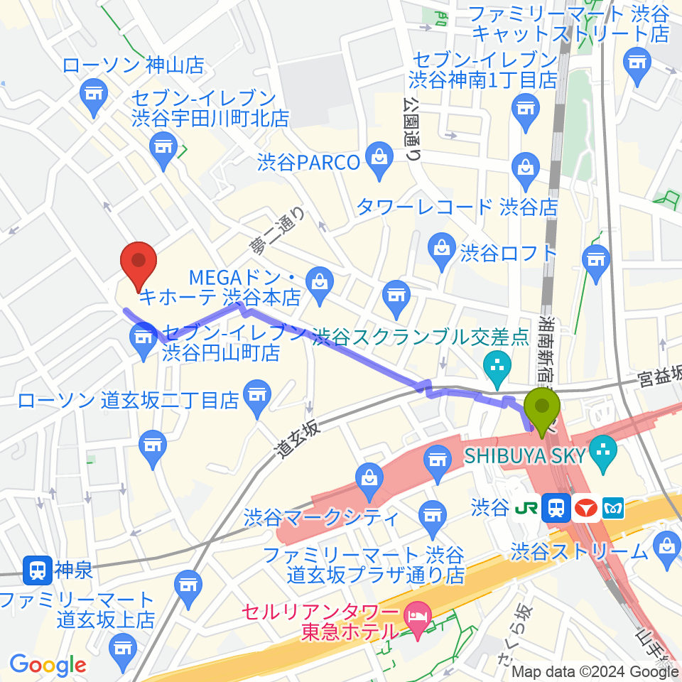 渋谷駅からBunkamuraオーチャードホールへのルートマップ地図