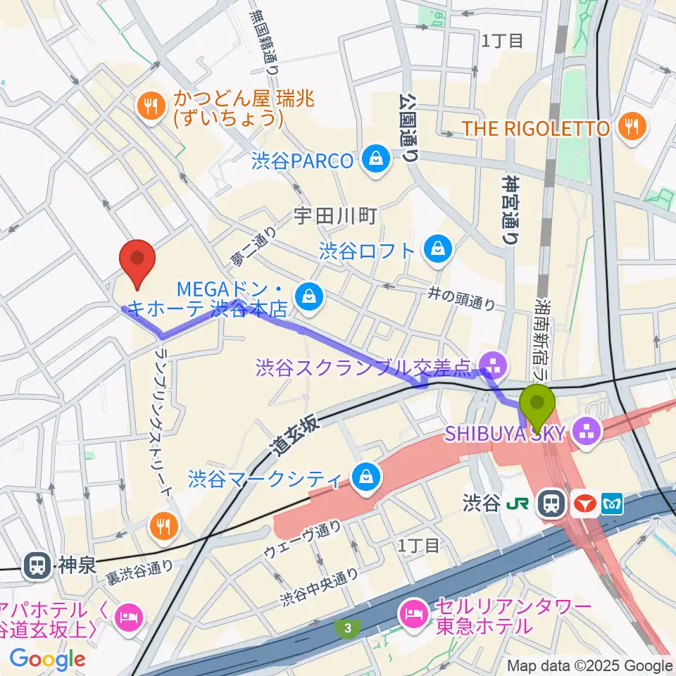 渋谷駅からBunkamuraオーチャードホールへのルートマップ地図