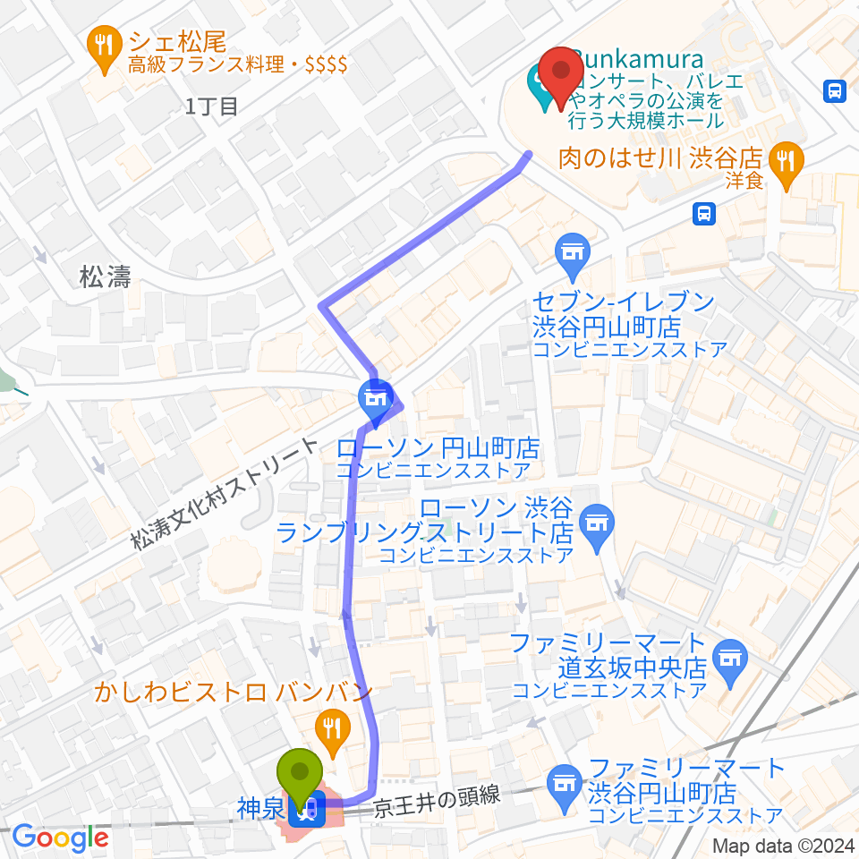 Bunkamuraオーチャードホールの最寄駅神泉駅からの徒歩ルート（約7分）地図