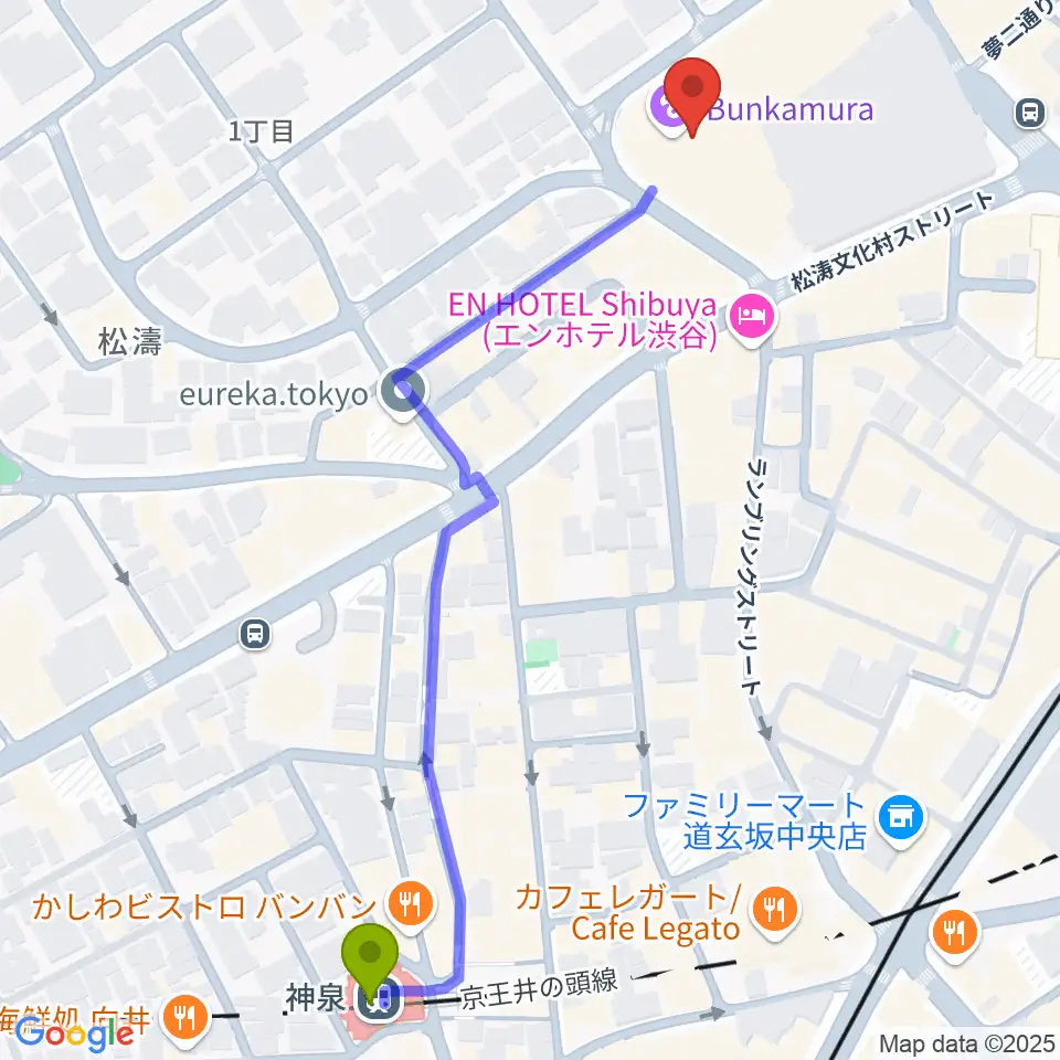 Bunkamuraオーチャードホールの最寄駅神泉駅からの徒歩ルート（約7分）地図