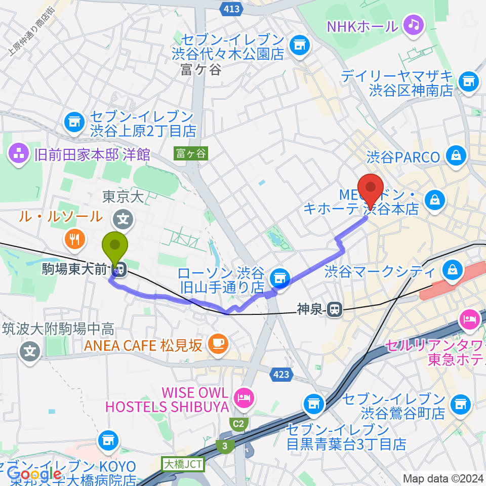 駒場東大前駅からBunkamuraオーチャードホールへのルートマップ地図