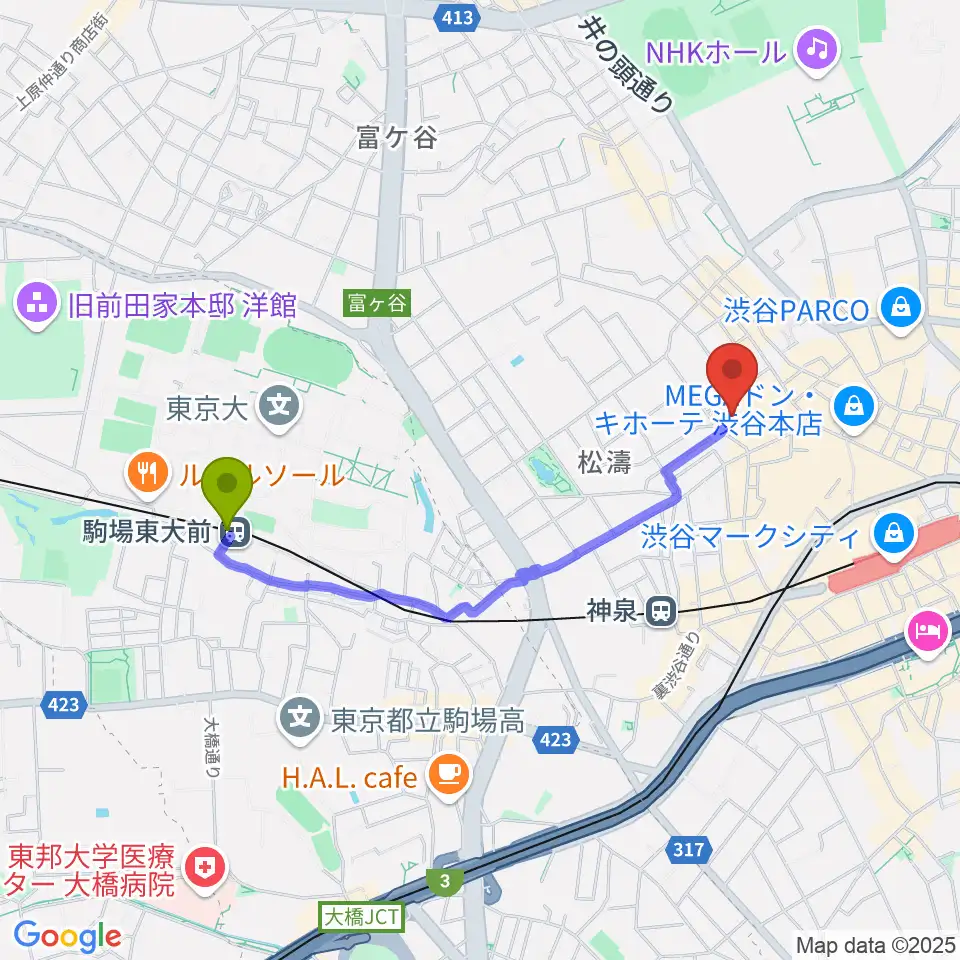 駒場東大前駅からBunkamuraオーチャードホールへのルートマップ地図