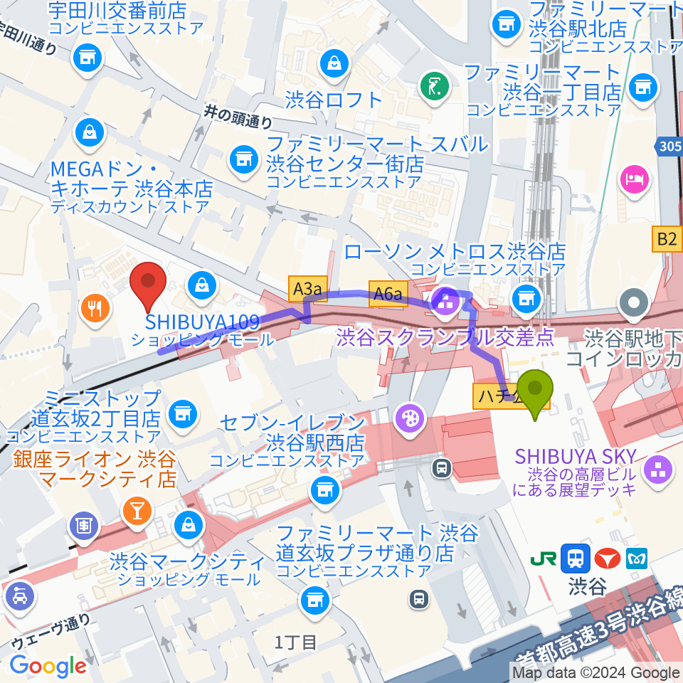 渋谷プレジャープレジャーの最寄駅渋谷駅からの徒歩ルート（約5分）地図