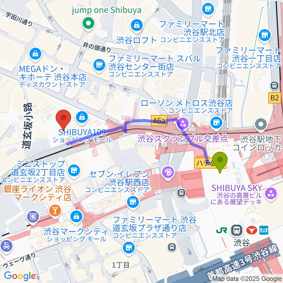 渋谷プレジャープレジャーの最寄駅渋谷駅からの徒歩ルート（約4分）地図