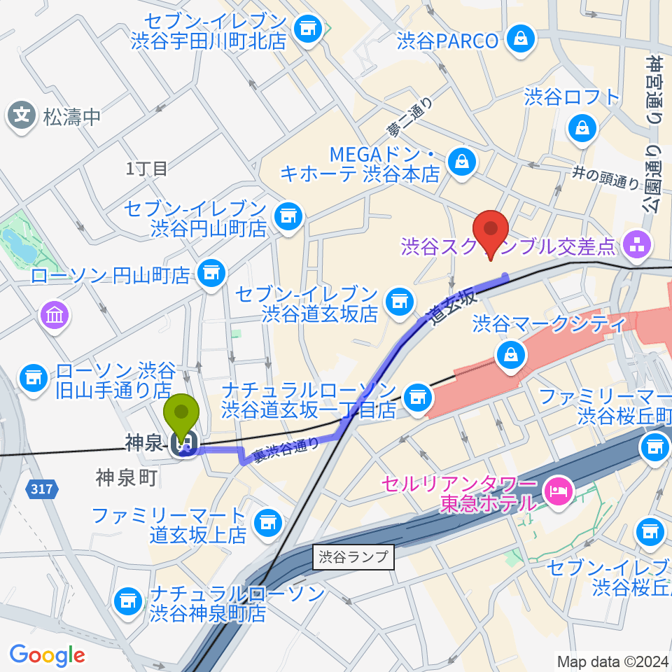 神泉駅から渋谷プレジャープレジャーへのルートマップ地図