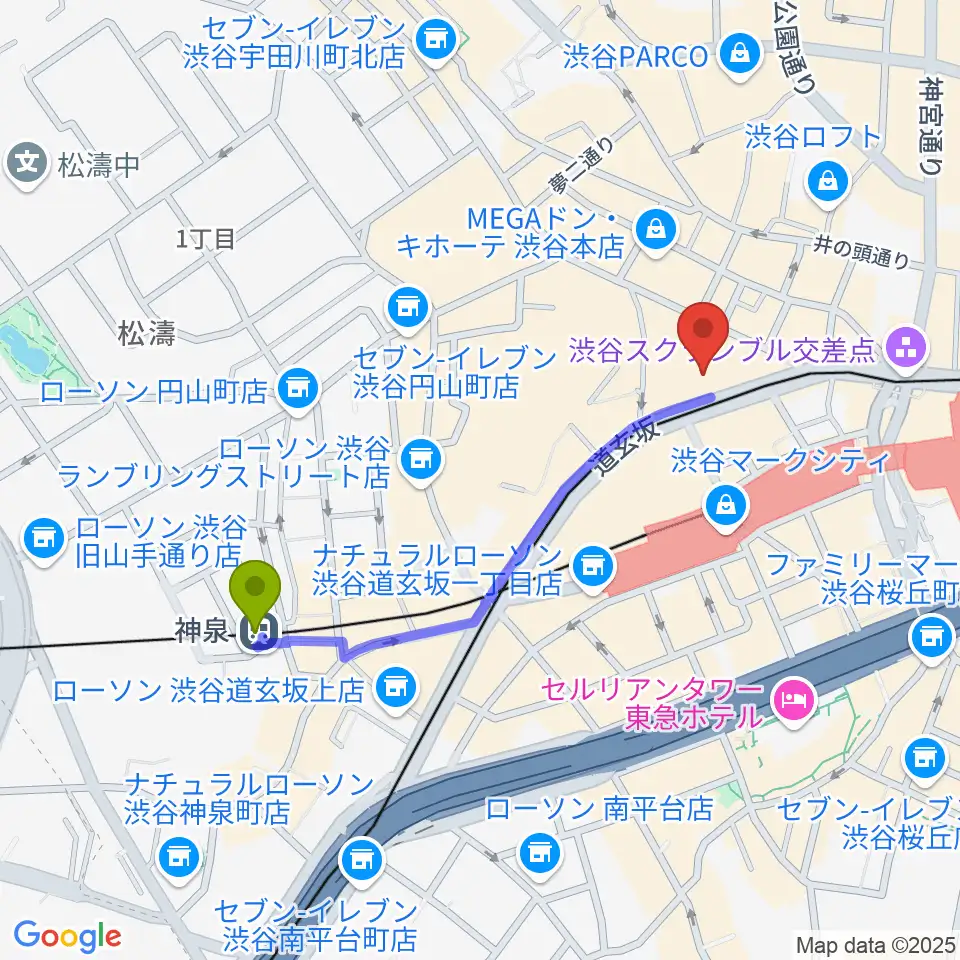 神泉駅から渋谷プレジャープレジャーへのルートマップ地図