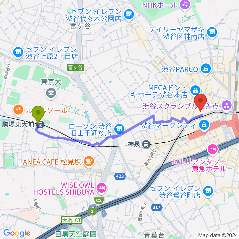 駒場東大前駅から渋谷プレジャープレジャーへのルートマップ地図