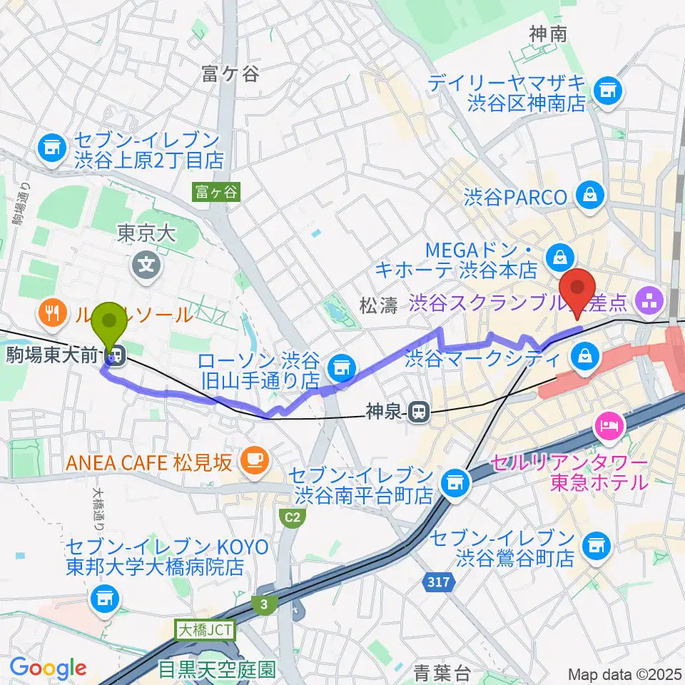 駒場東大前駅から渋谷プレジャープレジャーへのルートマップ地図