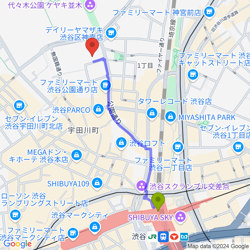 LINE CUBE SHIBUYAの最寄駅渋谷駅からの徒歩ルート（約10分）地図