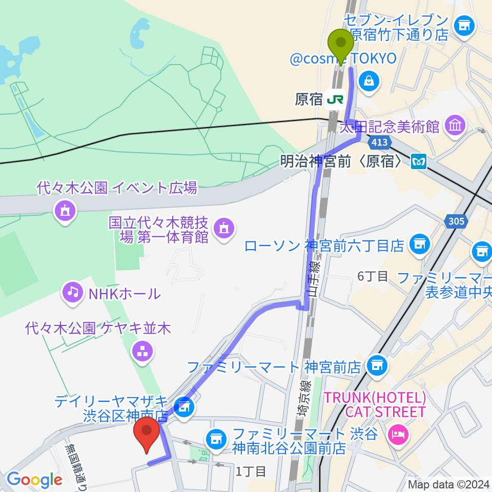 原宿駅からLINE CUBE SHIBUYAへのルートマップ地図