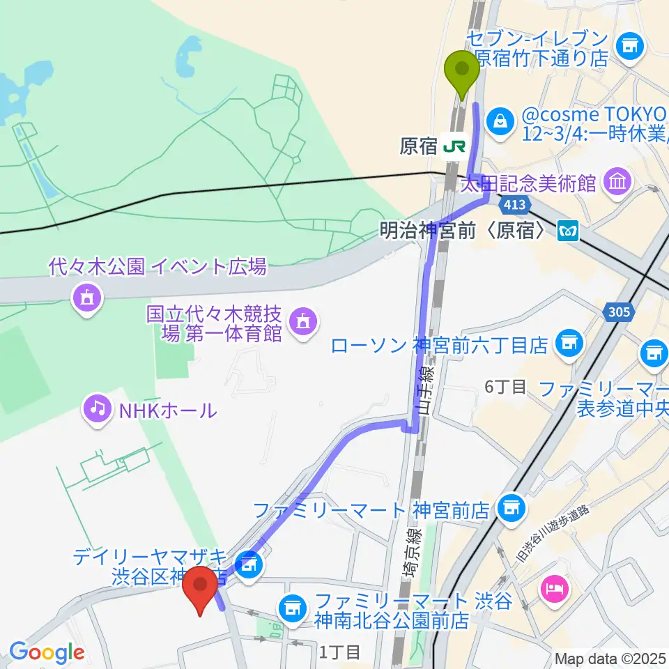 原宿駅からLINE CUBE SHIBUYAへのルートマップ地図