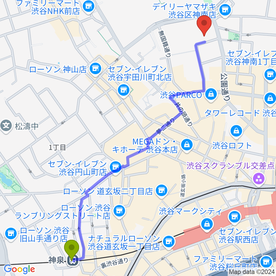 神泉駅からLINE CUBE SHIBUYAへのルートマップ地図