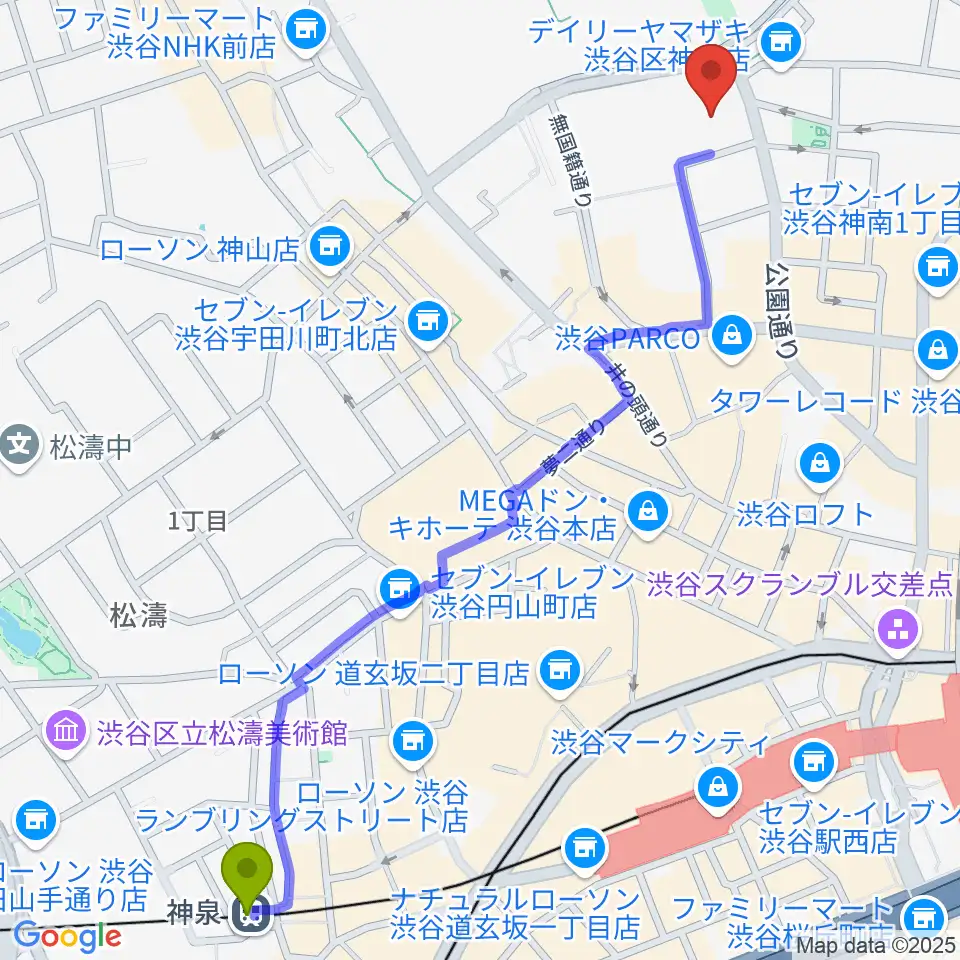 神泉駅からLINE CUBE SHIBUYAへのルートマップ地図