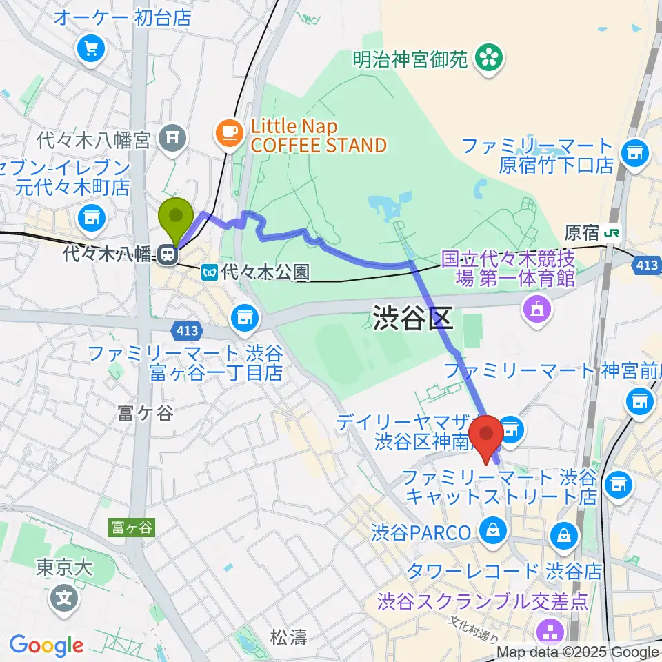 代々木八幡駅からLINE CUBE SHIBUYAへのルートマップ地図
