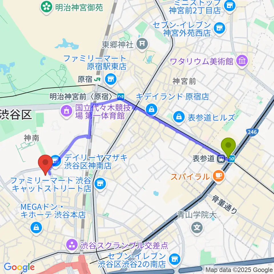表参道駅からLINE CUBE SHIBUYAへのルートマップ地図