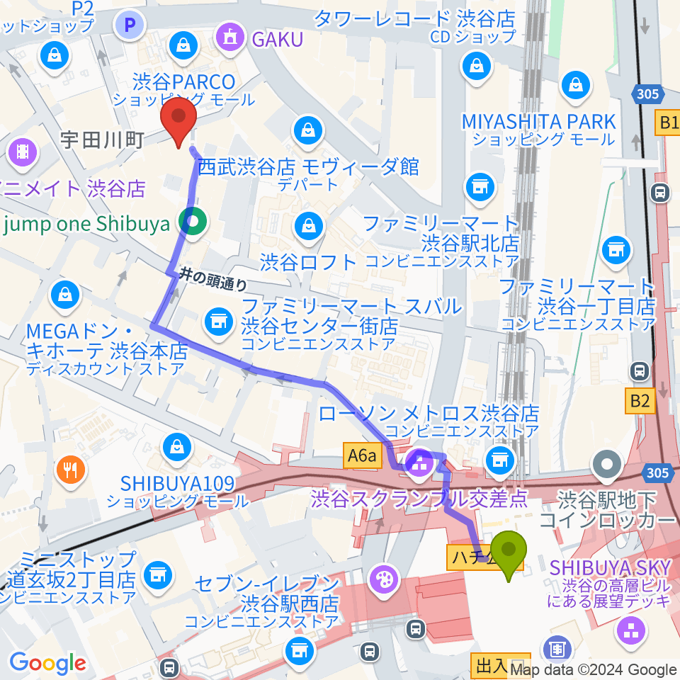 渋谷ＷＷＷ  WWW Xの最寄駅渋谷駅からの徒歩ルート（約6分）地図