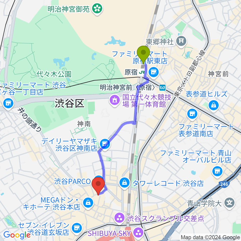 原宿駅から渋谷ＷＷＷ  WWW Xへのルートマップ地図