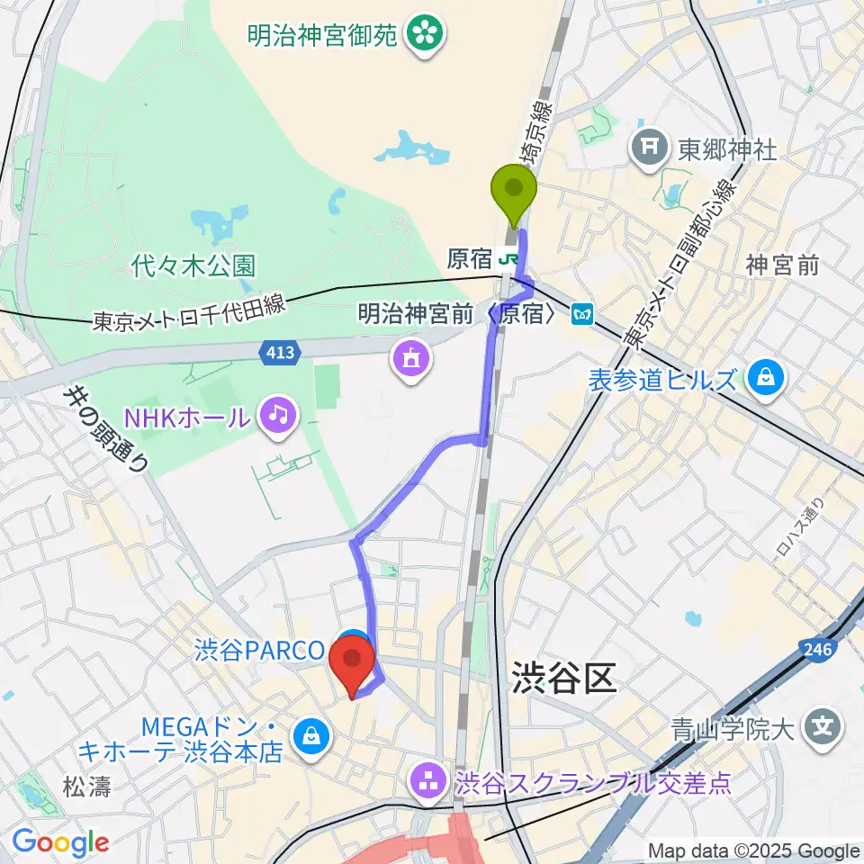 原宿駅から渋谷ＷＷＷ  WWW Xへのルートマップ地図