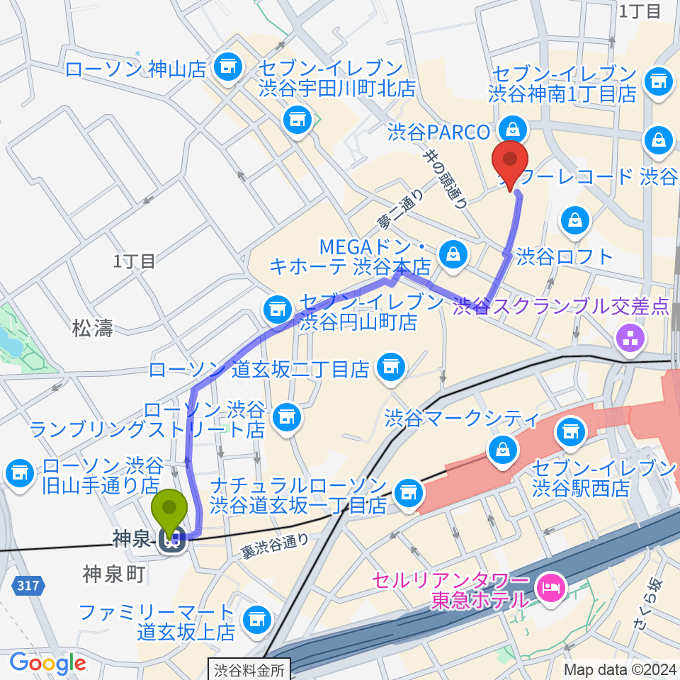 神泉駅から渋谷ＷＷＷ  WWW Xへのルートマップ地図