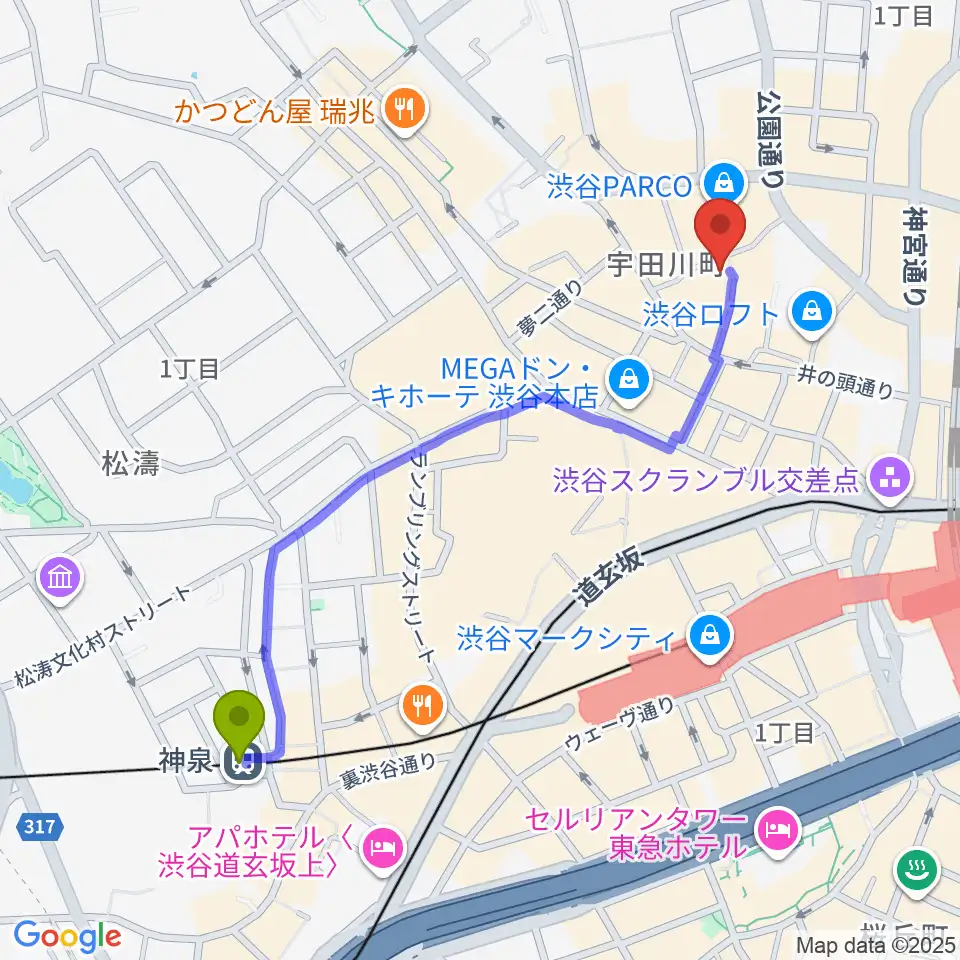 神泉駅から渋谷ＷＷＷ  WWW Xへのルートマップ地図